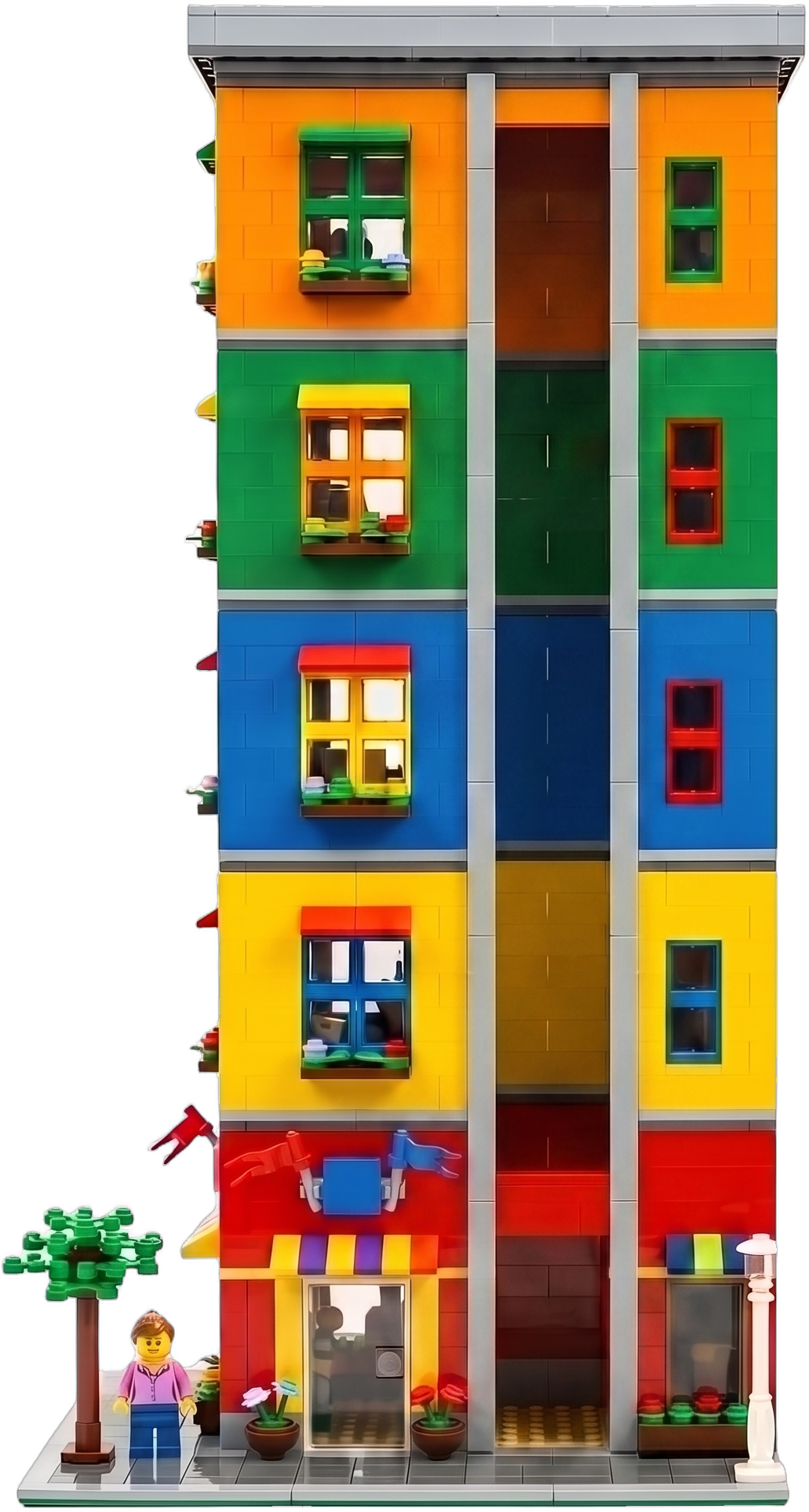 A five-floor LEGO skyscraper with a central elevator shaft